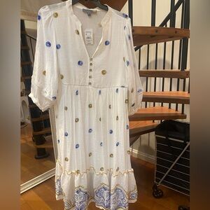 Brand new with tags! Anthropologie White Dress with Blue and Gold Accents